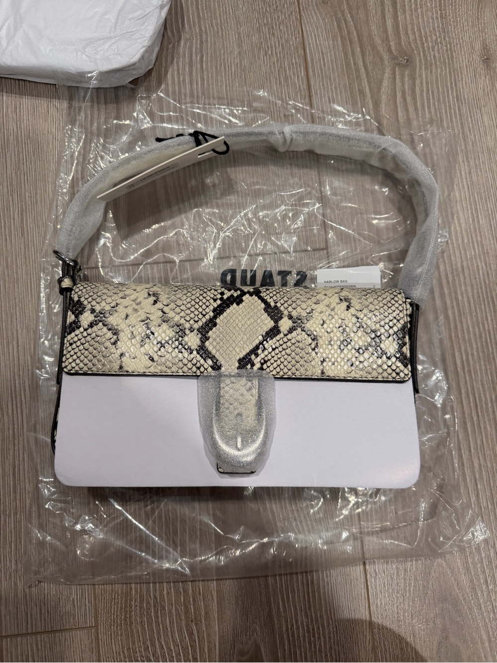 Staud Harlow Snakeskin Print Leather Shoulder Bag Y2K Modern Silver Cream Black - Picture 4 of 7